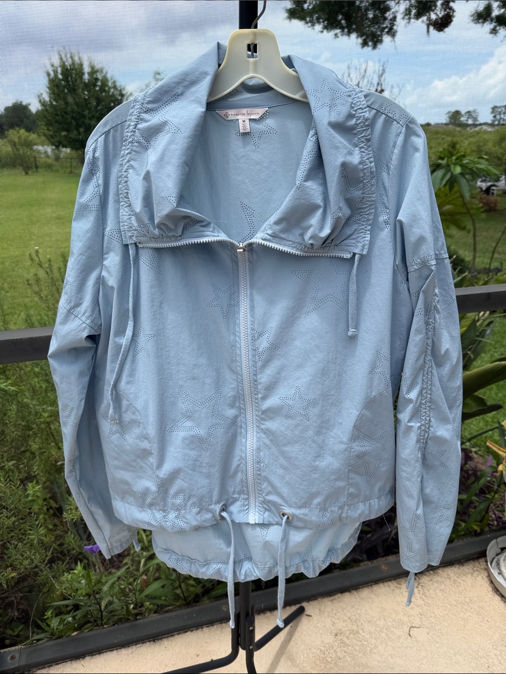 Nanette Lepore Powder Blue Star-Perforated Zip Bomber Jacket